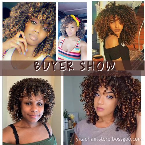 Wholesale Short Bob Black Highlight Wig With Bangs for Black Women 14 Inch Afro Kinky Loose Curly Wave Synthetic Hair Wigs